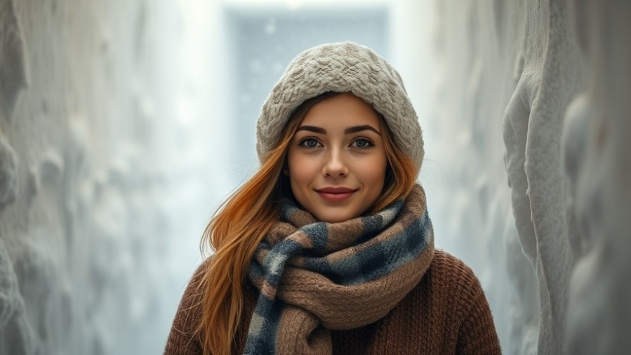 Serene young woman in warm clothing by snow-covered walls, calming ambiance.