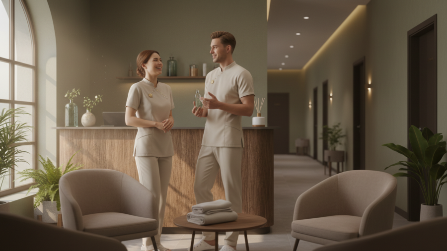 Welcoming spa reception with relaxed team members and natural light.