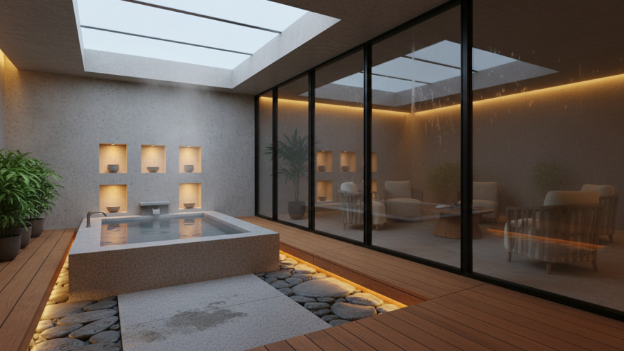 Contemporary bathhouse spa blends traditional design elements with modern finishes.