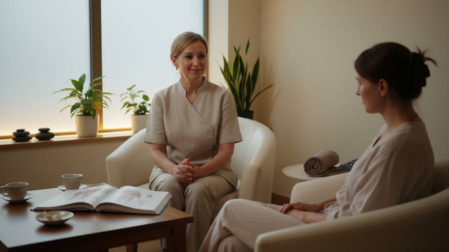 Spa practitioner consulting with a client in a calming wellness space.
