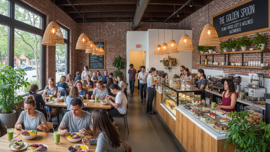 Diverse crowd enjoying a plant based cafe Sacramento, featuring fresh superfood bowls.