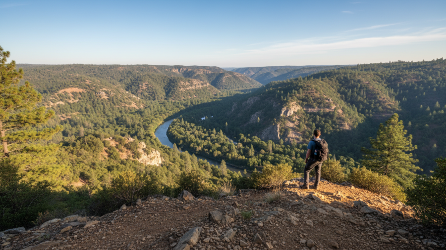 Scenic overlook at Auburn State Recreation Area showing hiking trail and American River below.