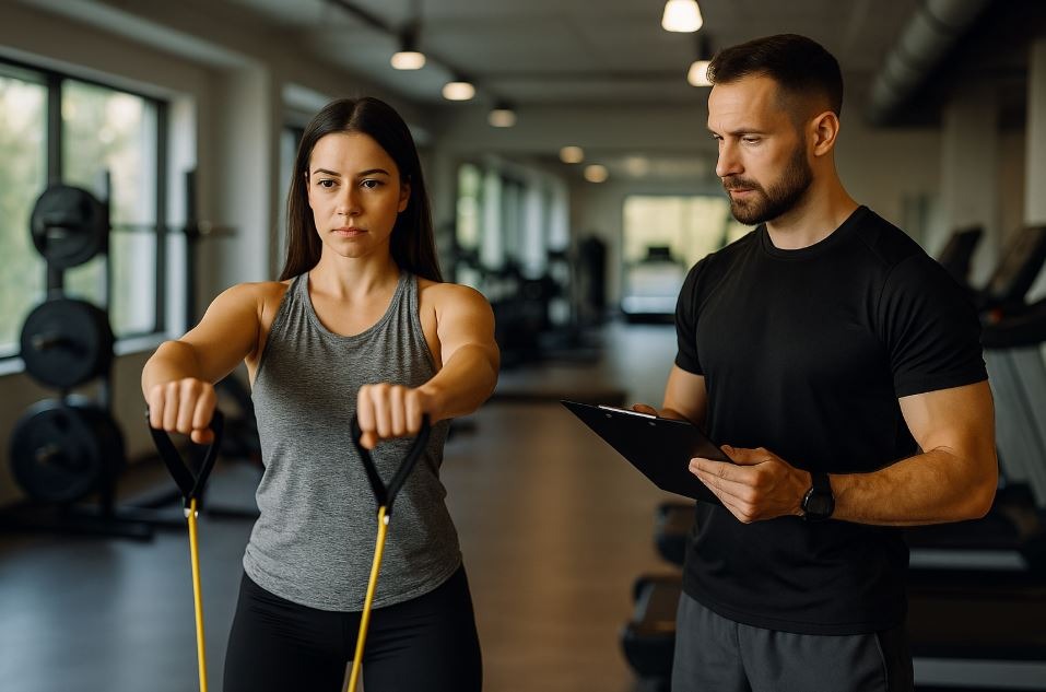 Personal trainer coaching client through a resistance exercise in a modern gym, emphasizing individualized attention.