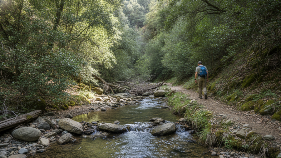 Hiker walking beside a rocky seasonal creek on the Homestead Trail at Stebbins Cold Canyon Reserve