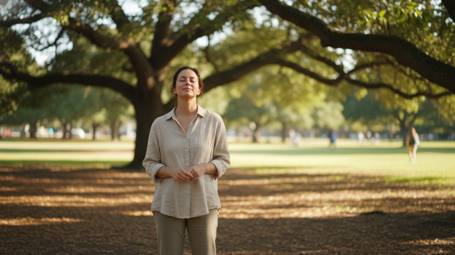 Mindfulness practices showcased in a serene Sacramento park scene.