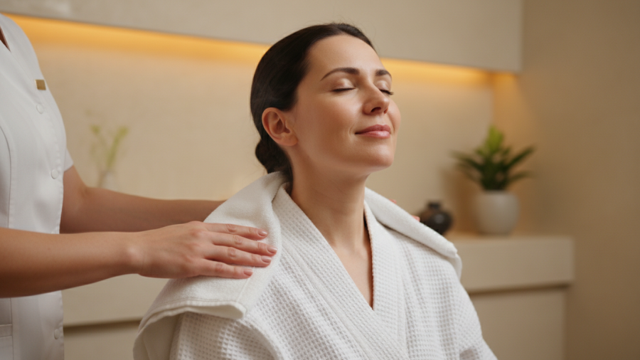 Emotional spa customer experience with a warm towel gesture for relaxation.