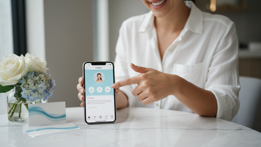 Elegant Instagram profile mockup showcasing spa owner with smartphone, joyful expressions.