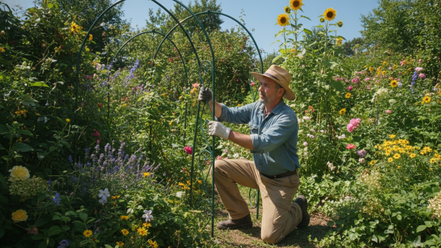 Dedicated man assembling a DIY arch trellis for vertical gardening in Sacramento's vibrant garden.