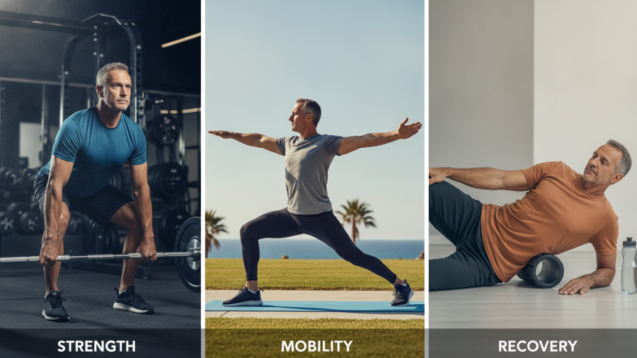 Middle-aged man demonstrating exercises for lower back pain after 50.