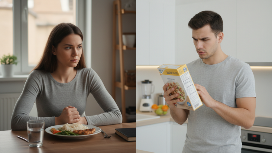 Realistic portrayal of eating struggles: untouched meal and food label anxiety.