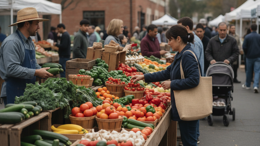 Sacramento farmers market showcasing simple healthy meals with fresh seasonal produce.