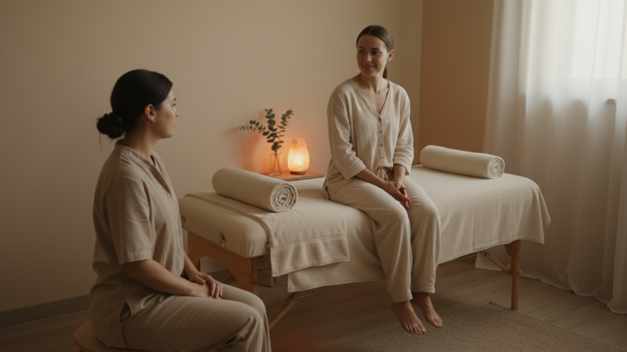 Serene treatment room with therapist and client, showcasing emotional safety.