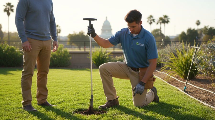 Lawn expert assessing deep watering soil depth in Sacramento backyard.