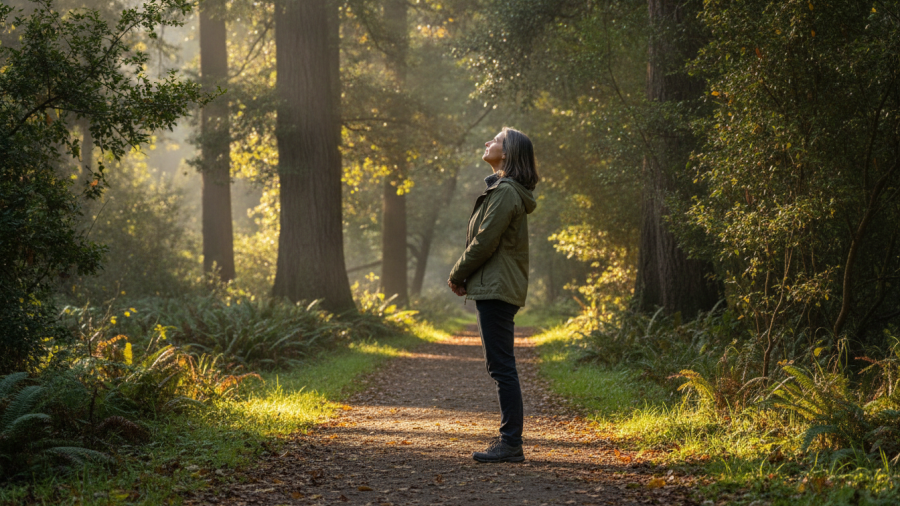 Woman practicing walking mindfulness in a peaceful Northern California park.