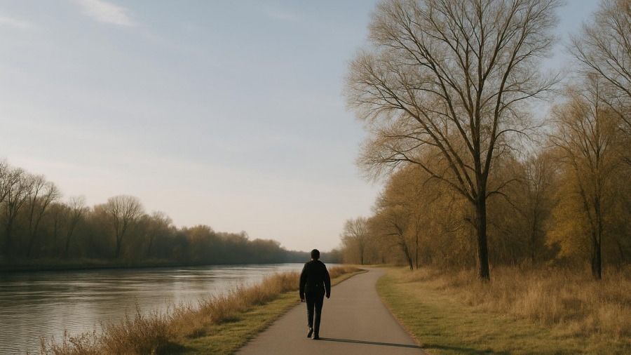 Solo visitor walking along a serene river trail, surrounded by nature.