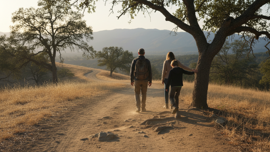 Family hiking on uneven terrain at Hidden Falls Regional Park, showcasing outdoor adventure.