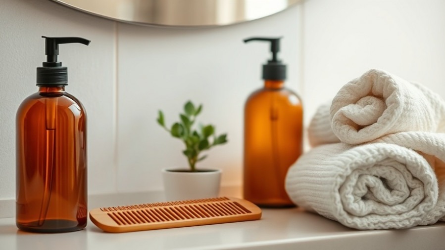 Stylish bathroom scene with wellness products promoting community engagement and accessible beauty.