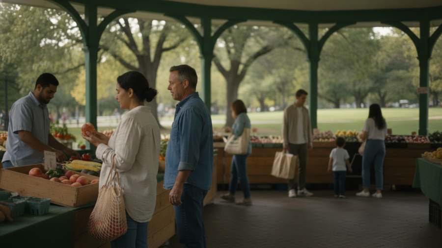 Ordinary moment at Davis Farmers Market; shopper interacts with grower over fresh produce.
