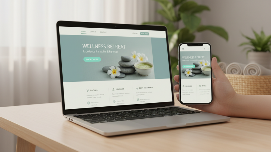 Welcoming spa website on laptop and smartphone, featuring calming design and online booking.