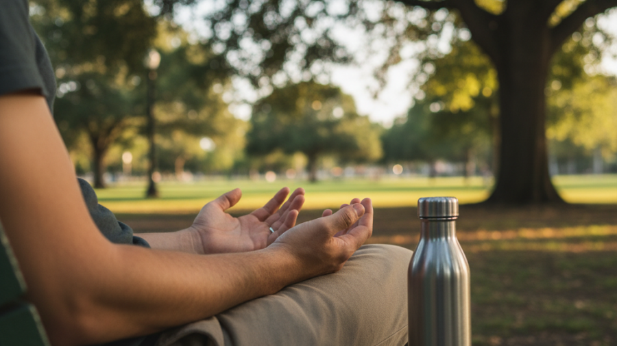 Relaxation in Sacramento: Hands resting, sunlit park scene, ideal for stress relief.
