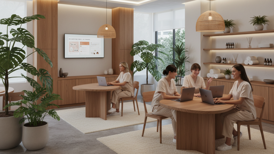 Modern spa workspace with staff collaborating on marketing emails among plants.