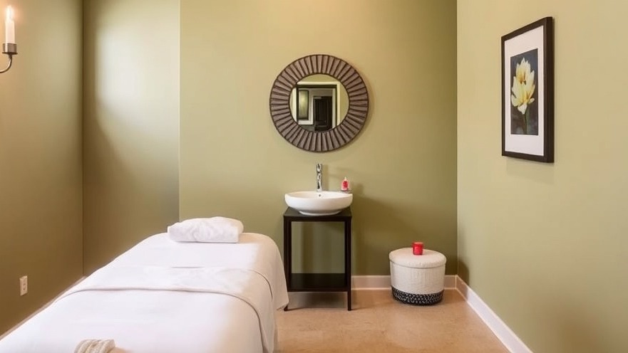 Tranquil massage room interior featuring plush white table and olive-green walls