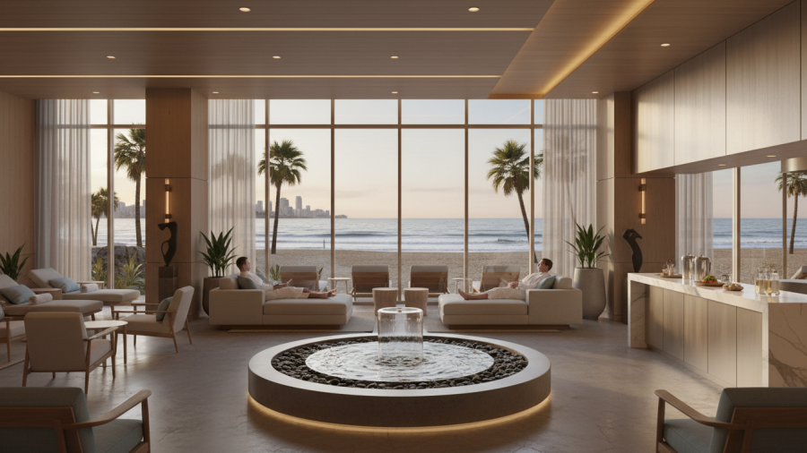 San Diego beachfront spa lounge merging coastal relaxation with urban hotel vibes.