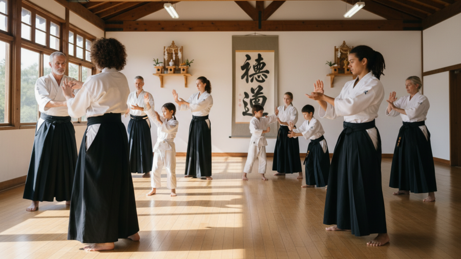 Diverse group practicing non-competitive martial arts in Sacramento Aikido classes.