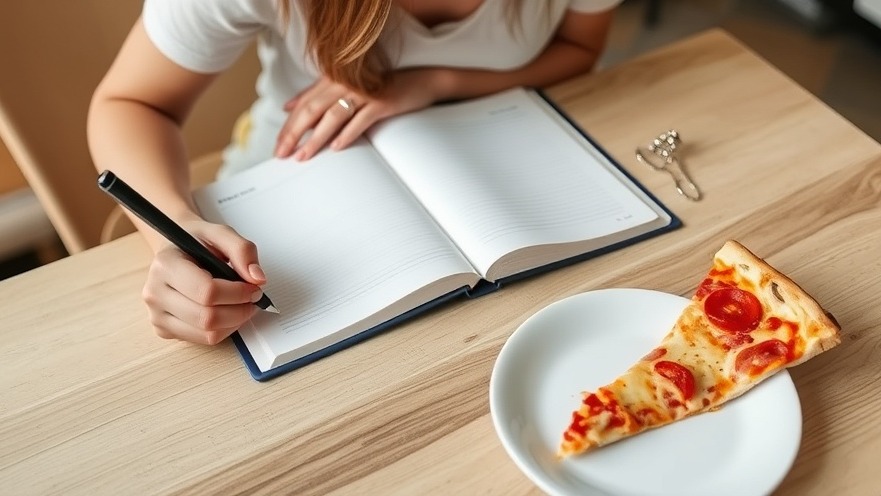 A woman practicing mindful eating, journaling healthy weight loss strategies beside pizza.