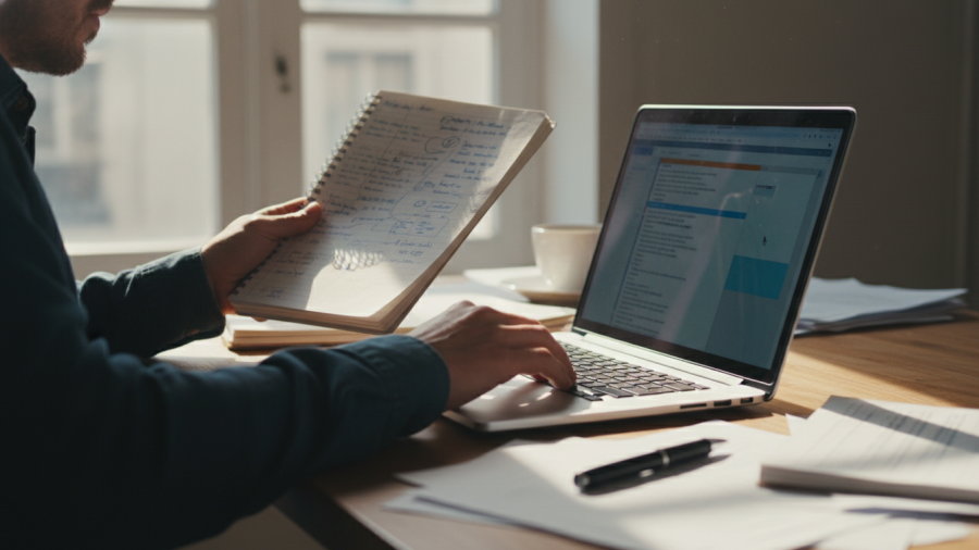 A person actively rewriting spa marketing content at a desk, showing effort.