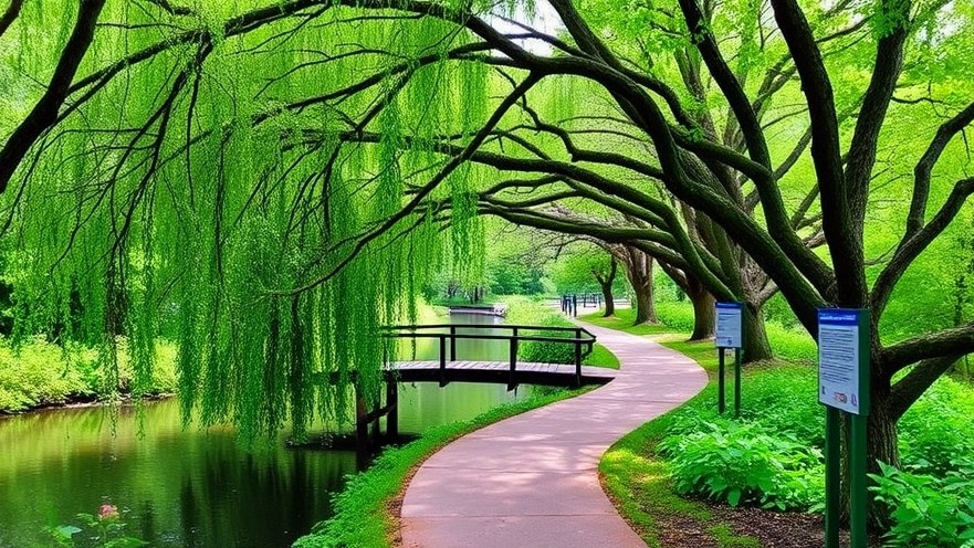 Serene trail along Arboretum Waterway with footbridge and lush greenery.
