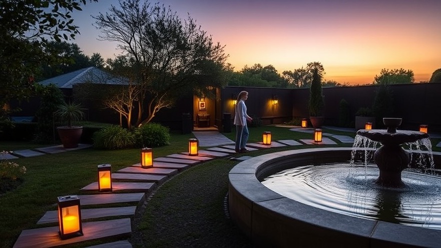 Tranquil spa garden at dusk with glowing lanterns and therapist guiding guest.