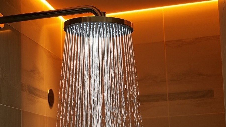 Modern spa shower with amber lighting and luxurious water spray.