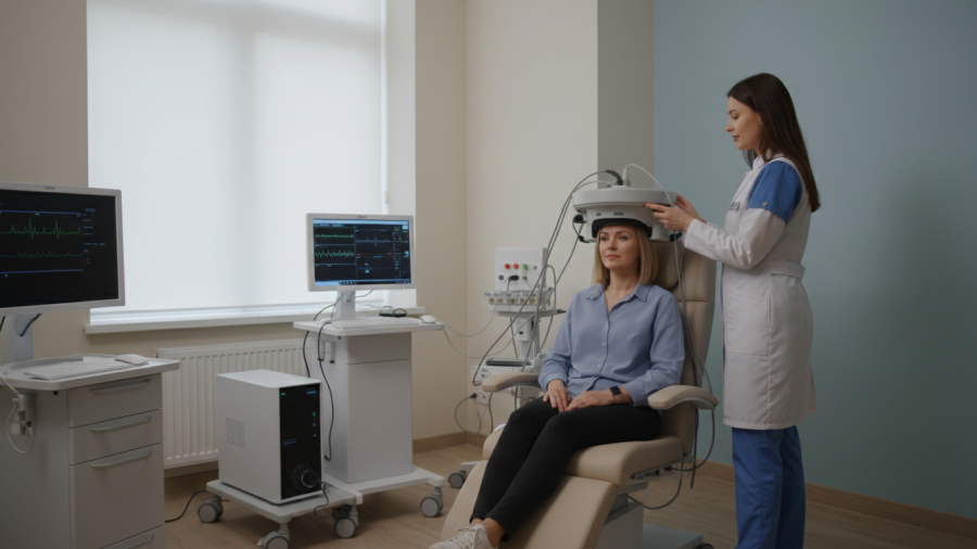 Patient receiving Stanford Accelerated Intelligent Neuromodulation Therapy in a calming, modern clinic.