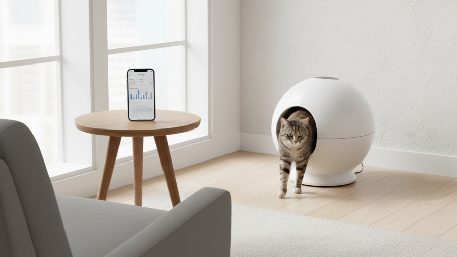 Automated litter box in a modern home, showcasing cat health monitoring with a calm cat.