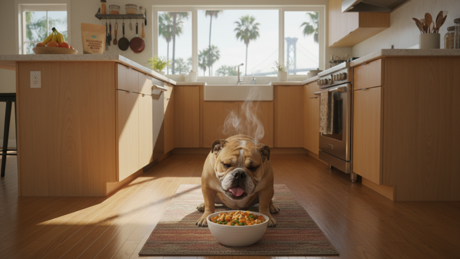Happy bulldog enjoying fresh cooked dog food for sensitive stomachs in Sacramento kitchen.