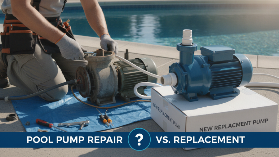 Pro technician repairing a pool pump, illustrating pool pump repair vs replacement options.