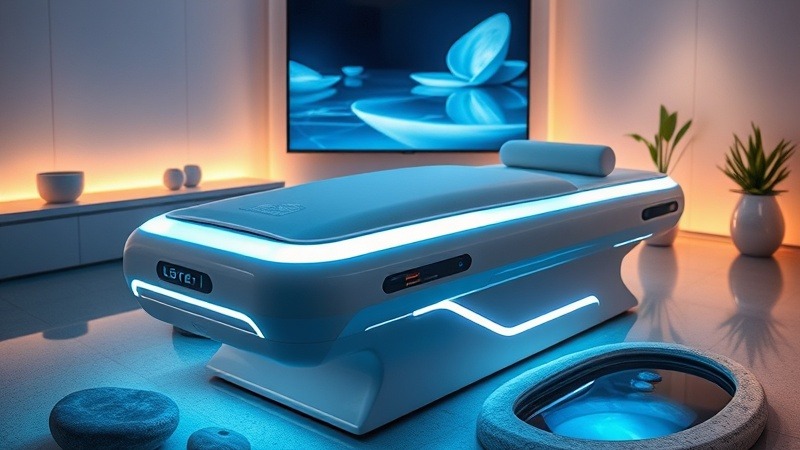 A futuristic spa environment blending modern technology with serene natural elements. The scene features a sleek massage table equipped with advanced therapeutic devices