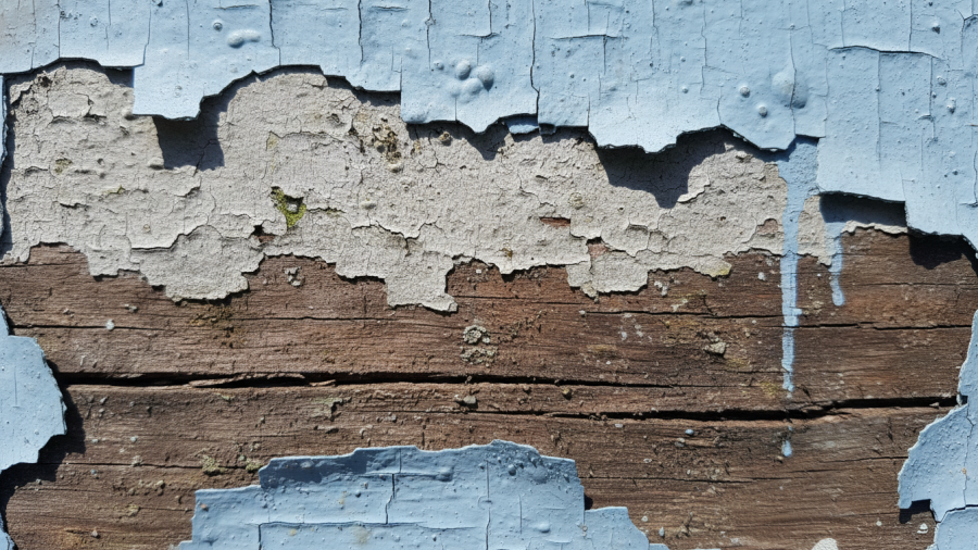 Close-up of peeling, cracked exterior paint on wood, illustrating why exterior paint fails.
