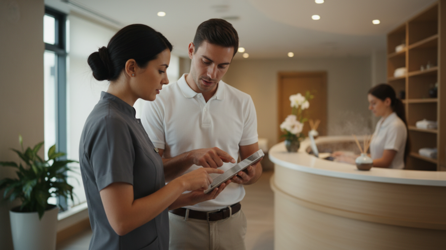 Spa manager demonstrating effective team communication in spa operations.