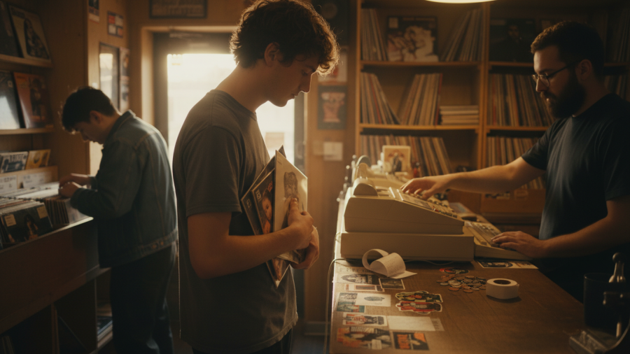 Customer engaged in the Sacramento vinyl revival at a record store.