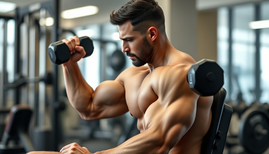 Man doing seated dumbbell shoulder press in gym environment.