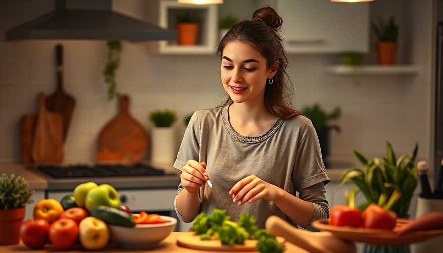 Young woman prepares healthy evening snack for better sleep in cozy kitchen.