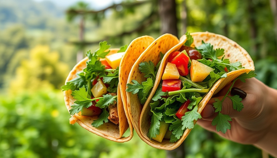 Ultimate breakfast tacos with fresh greens against a forest view.