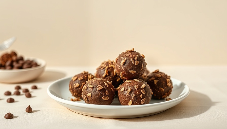 Chocolate espresso energy balls on ceramic plate.