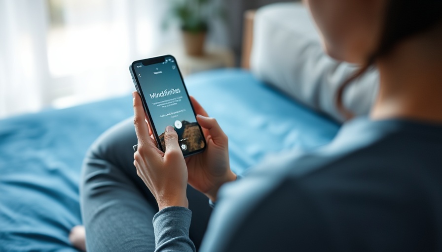 Mindfulness app user reading content on smartphone in a relaxed setting.