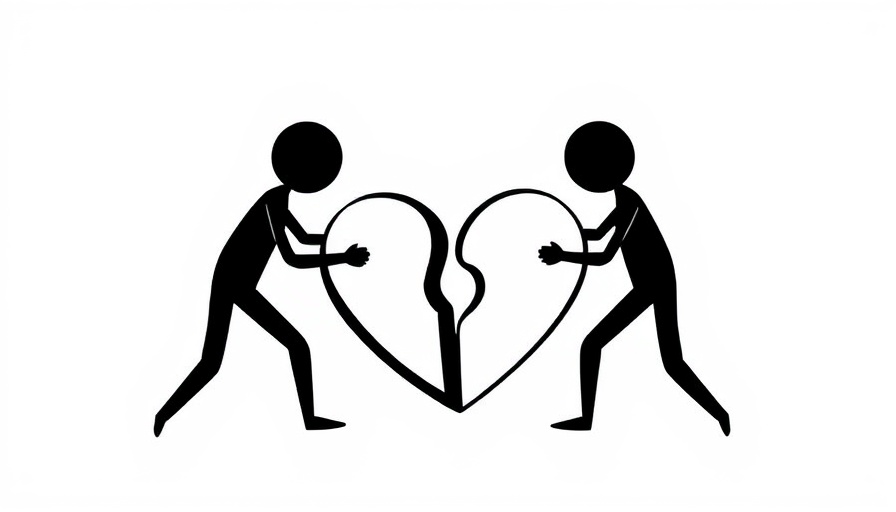 Monochrome illustration of figures pushing heart halves, symbolizing mindfulness and social justice.