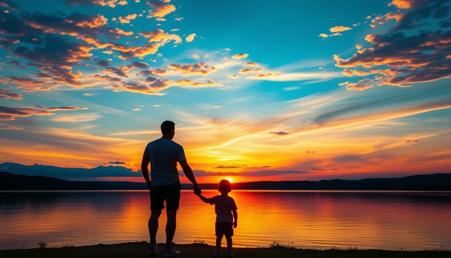 Silhouetted father and child at sunset by Arkansas lake, Arkansas camping network.