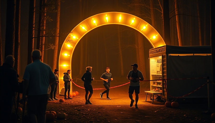Arkansas Traveller ultramarathon nighttime aid station with festive lights