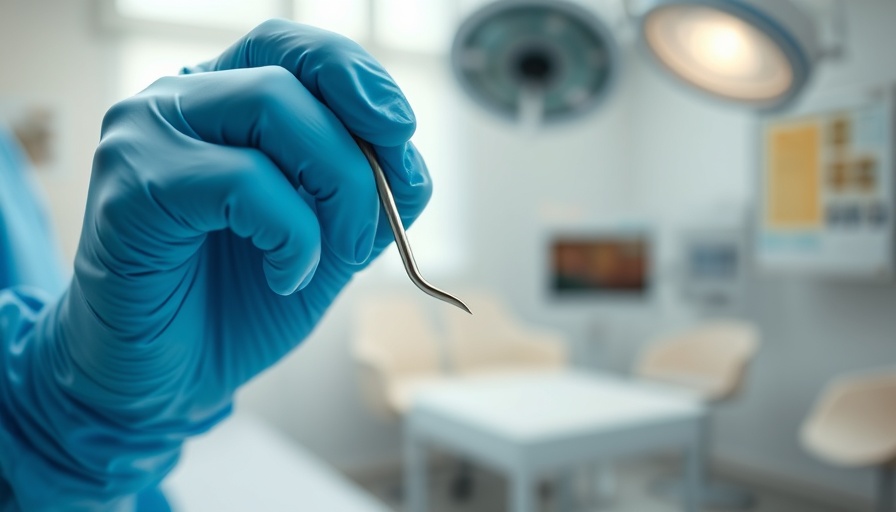 Medical professional holding a speculum with blue gloves in an exam room.